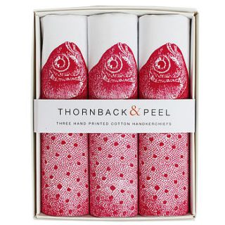box of three pink fish hankies by thornback & peel