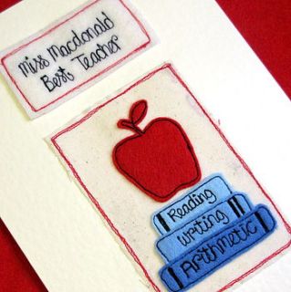 personalised teacher card red apple by sew very english