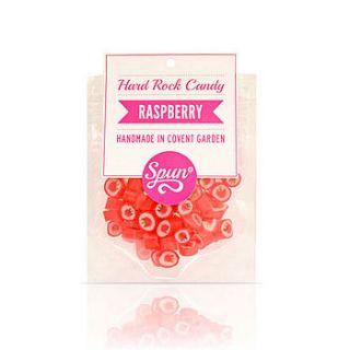 raspberry hard rock candy in a bag by spun candy
