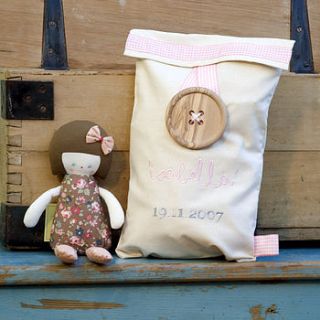 baby doll rattle with personalised gift bag by izzy and floyd