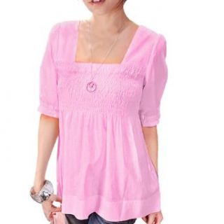 XS Square Neck Short Sleeve Elastic Cuff Princess Blouse Pink for Ladies