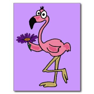 CB  Funny Pink Flamingo with Purple Daisy Postcard