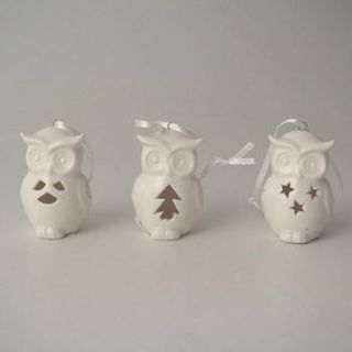 three porcelain owl tree decorations by liberty bee