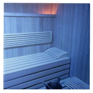 A sauna in blue light, Sweden. Tile