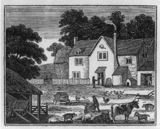 Farm scene, house, animals, people working, John Aiken, 1818   Prints