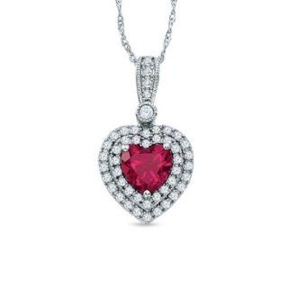 7.0mm Heart shaped Lab created Ruby and White Sapphire Heart Pendent in Sterling Silver