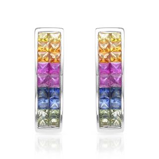14k White Gold Multi Sapphire Hoop Earrings Gemstone Earrings