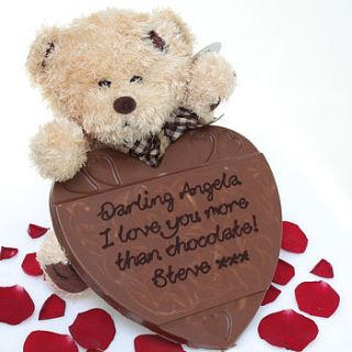 personalised chocolate heart and teddy bear by warner's end