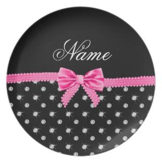 Personalized name black diamonds pink bow dinner plate