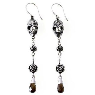 Controse   SKULLS AND ROSES   Blackened Stainless Steel Skull and Roses Dangle Earrings with Faceted Smoked Quartz   Size H 3.07" Jewelry