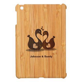 Bamboo Look Engraved Swan Heart Valentine's Day iPad Mini Case