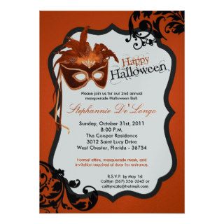 5x7 Orange Masquerade Mask Halloween Invitation