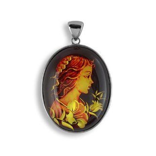 Stunning Silver Tone Fine polished Oval Shape Reverse Hand Carved Faux Cameo Cabochon Stone Yellow Brown Dark Red Girl And Lilies Design Rhodium Plated Tarnish Frees Pendants Sports & Outdoors