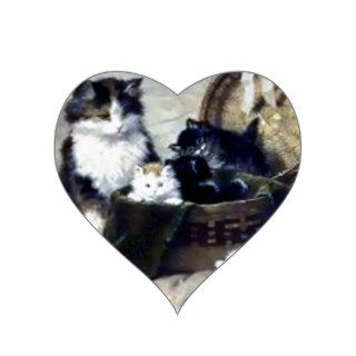 Kittens Playing Feather Basket painting Heart Stickers