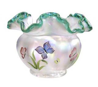 Fenton Art Glass Opal Mist Vase with Emerald Green Edge —