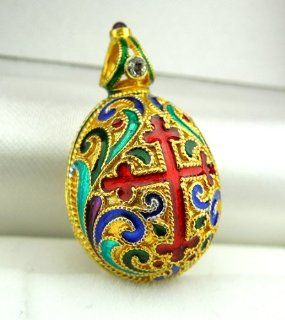 Silver Gold Plated Enameled Faberge Style Egg Pendant Double Headed Eagle Jewelry