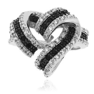Moise Sterling Silver Black and White CZ Ribbon Heart Shape Ring Moise Cubic Zirconia Rings