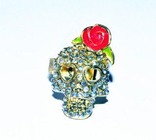 JE201 Rainbow Gems Studded Girly Skull Ring, Funky Funny Bones Ring, Adjustable Beauty