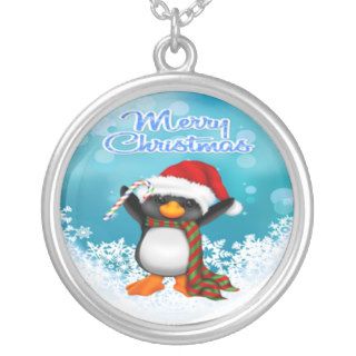 Merry Christmas Penguin Round Necklace