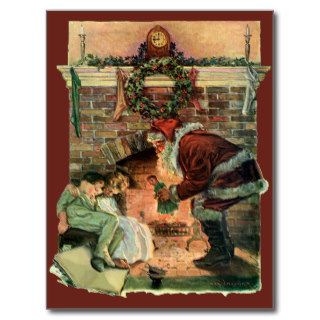 Vintage Christmas, Victorian Santa Claus Fireplace Post Cards