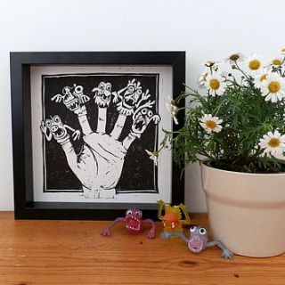 monster hand linocut print by woah there pickle