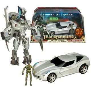 Hasbro Year 2009 Transformers Movie Series 2 "Revenge of the Fallen" Human Alliance Series Robot Action Figure Set   Voyager Class 7 Inch Tall Autobot SIDESWIPE with Spinning Arm Blades (Vehicle Mode Corvette Stingray Concept) and Tech Sergeant 