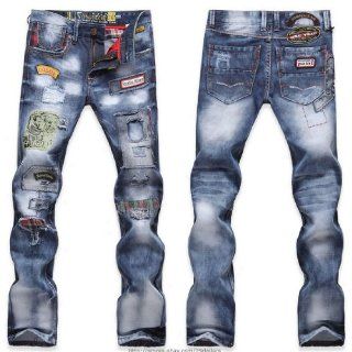 Mnner Jeans Mode Herren Jeans Zerrissen Gepatcht Lchrigen Gewaschen Worte geradem Bein Einbau Hosen (33) Sport & Freizeit