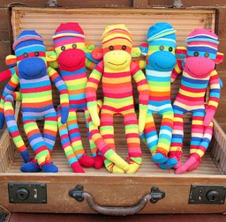 handmade colourful sock monkeys by precious little plum