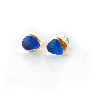 blue english sea glass stud earrings by tania covo