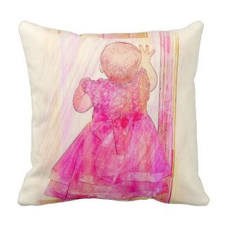 Pink Rainbow Baby at the Door Throw Pillows