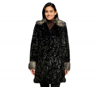 Dennis Basso Crushed Faux Fur Coat with Collar and Cuff Trim —