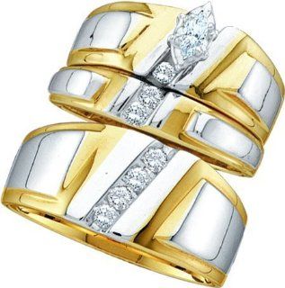 Large 3pc. Diamond Wedding Set For Him And Her 2 Tone " Size 7 For Her and Size 10 For Him " Jewelry