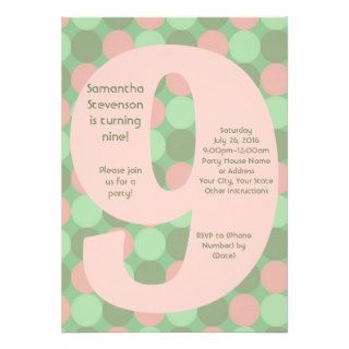 Big 9 Birthday Party Invitations, Pink and Green