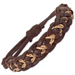 Pack of 2 Dark Brown Leather & Rope Braided Leather Adj. Bracelet Jewelry