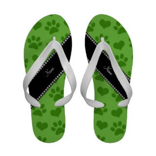 Personalized name bright green hearts and paws Flip Flops
