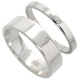 Sterling Silver Flat Wedding Band Ring Set His and Hers 3 mm + 6 mm sizes 4 to 13.5,  Jewelry
