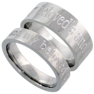 Stainless Steel His (8mm) & Hers (5mm) I AM MY BELOVED'S AND MY BELOVED IS MINE Wedding Ring Band Set; (Men's Sizes 8 to 14, Ladies' Sizes 5 to 9), size 9 Jewelry