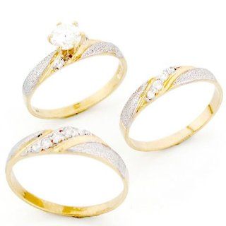 10k Two Tone Gold His & Hers Trio CZ Wedding Ring Sets Jewelry