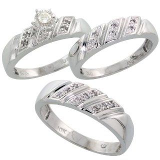 Sterling Silver 3 Piece Trio His (6mm) & Hers (5mm) Diamond Wedding Band Set, w/ 0.15 Carat Brilliant Cut Diamonds; Ladies Size 7 Jewelry