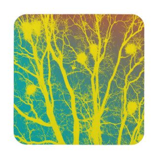 YELLOW AND TEAL TREES BEVERAGE COASTER