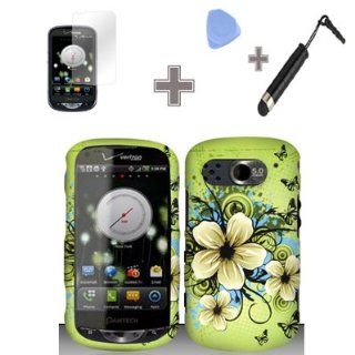 Rubberized Green Hawaiian Flower Snap on Design Case Hard Case Skin Cover Faceplate with Screen Protector, Case Opener and Stylus Pen for Pantech Breakout 8995   Verizon Cell Phones & Accessories
