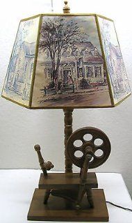 Rare Stunning Old Vintage Spinning Wheel Table Desk Lamp + Shade Top Mid Century 