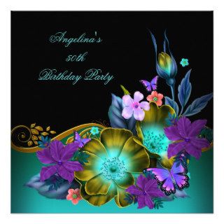 Teal Purple Floral Black Gold Birthday Party Personalized Announcements