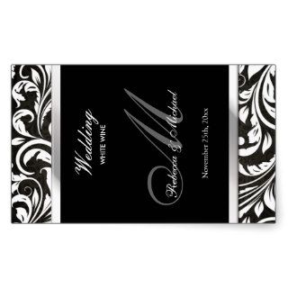 Elegant Black & White Damask Wine Labels Rectangle Stickers