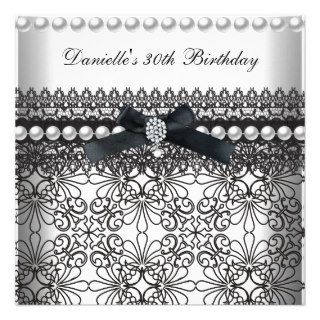 30th Birthday Party Damask Black White Pearl Custom Invitations