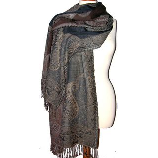 Handwoven Merino Wool Taupe/ Rust Paisely Cutwork Shawl (India) Scarves & Wraps