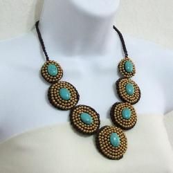 Reconstructed Turquoise and Brass Bead Necklace (Thailand) Necklaces