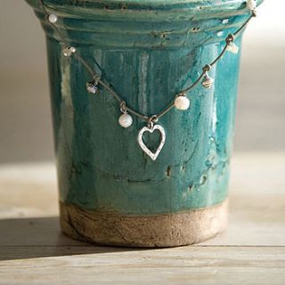 silver and pearl leather heart charm necklace by samphire jewellery