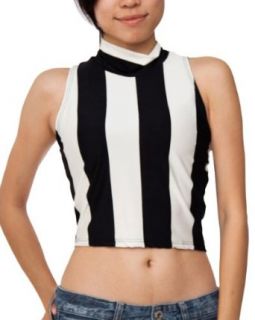 Ladies Black White Vertical Striped Loose Turtleneck Inward Sleeveless Crop Top