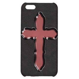 Trendy Girly Pastel Pink Cross on Black Leather Cover For iPhone 5C